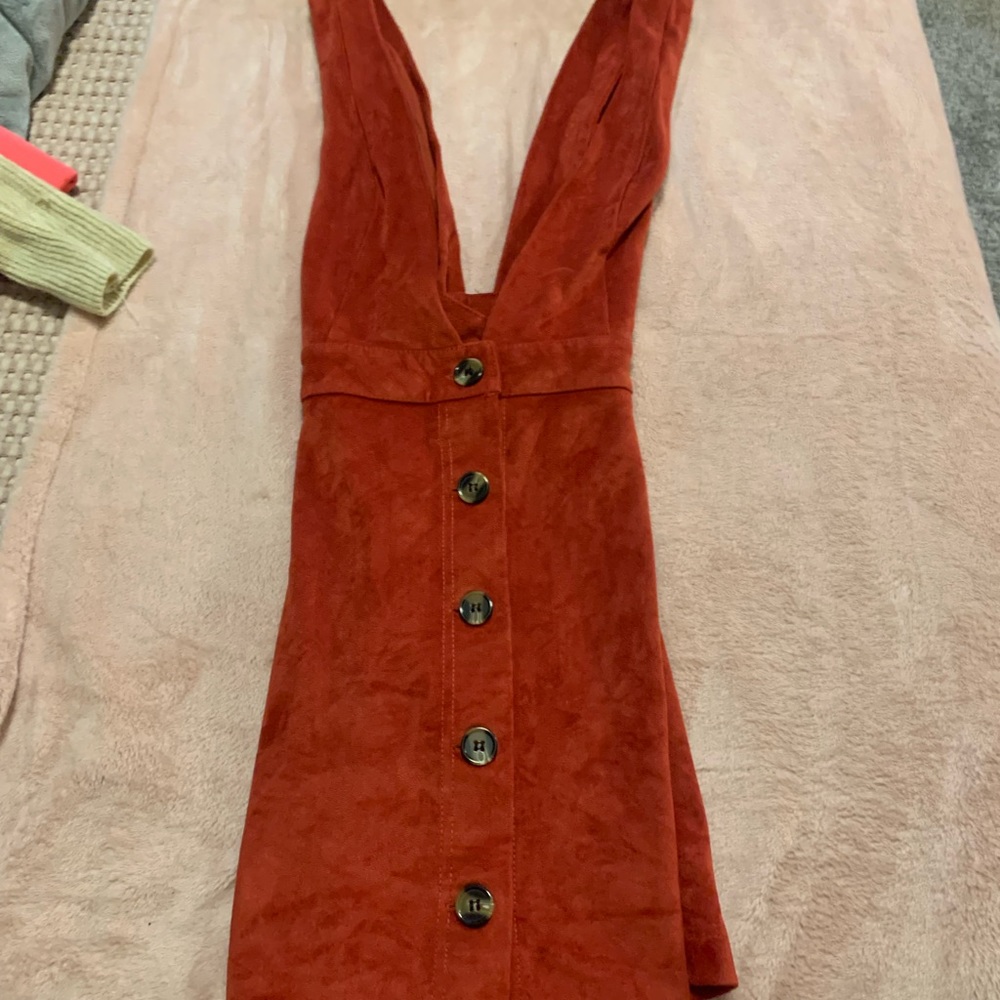 red overall dress